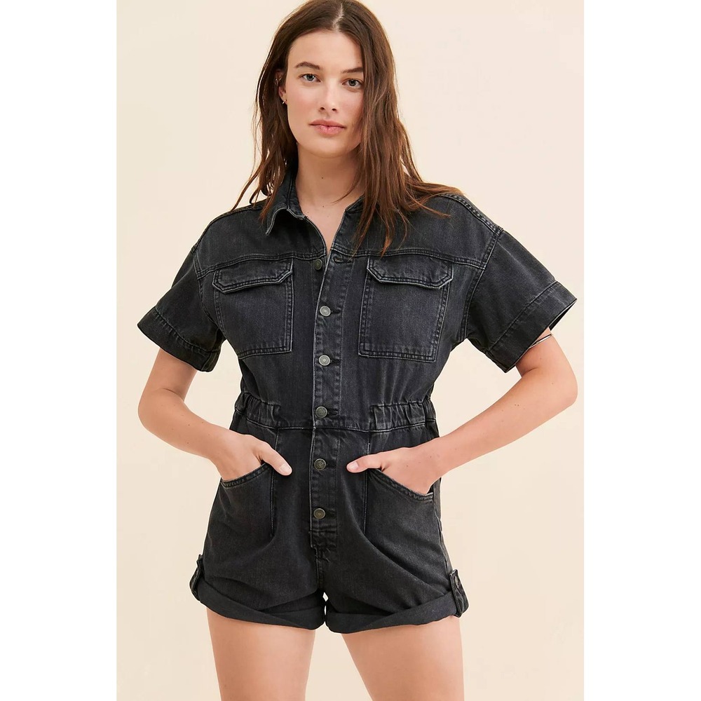 Free People We The Free Marci Cuffed Denim Shortall Romper Washed Black XS
